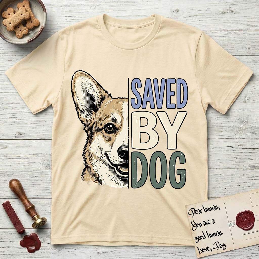 Saved by Dog Corgi T-Shirt flat lay in Natural, featuring half a tan-and-cream Corgi's face in distressed vintage screen print, one upright ear and a foxy grin, cropped down the centerline beside bold stacked block lettering.
