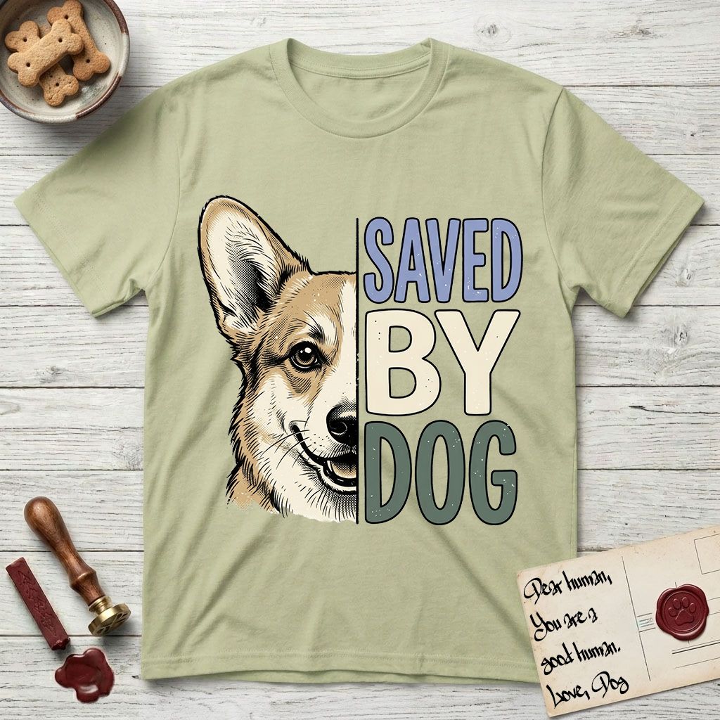 Saved by Dog Corgi T-Shirt flat lay in Pistachio, featuring half a tan-and-cream Corgi's face in distressed vintage screen print, one upright ear and a foxy grin, cropped down the centerline beside bold stacked block lettering.