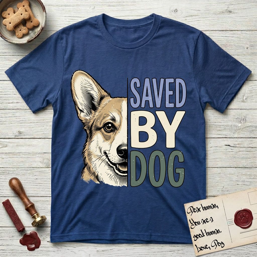 Saved by Dog Corgi T-Shirt flat lay in Royal, featuring half a tan-and-cream Corgi's face in distressed vintage screen print, one upright ear and a foxy grin, cropped down the centerline beside bold stacked block lettering.