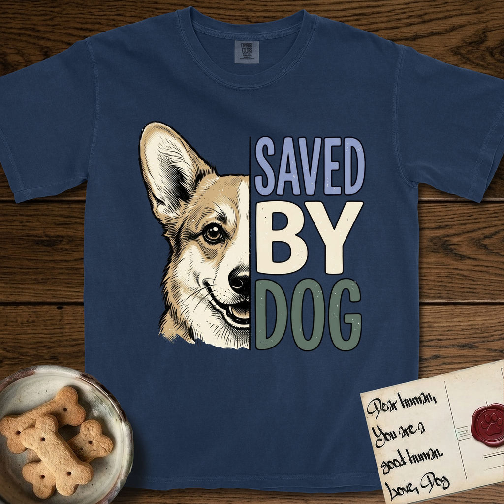 Saved by Dog Corgi T-Shirt flat lay in True Navy, featuring half a tan-and-cream Corgi's face in distressed vintage screen print, one upright ear and a foxy grin, cropped down the centerline beside bold stacked block lettering.