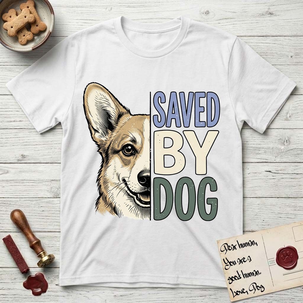 Saved by Dog Corgi T-Shirt flat lay in White, featuring half a tan-and-cream Corgi's face in distressed vintage screen print, one upright ear and a foxy grin, cropped down the centerline beside bold stacked block lettering.
