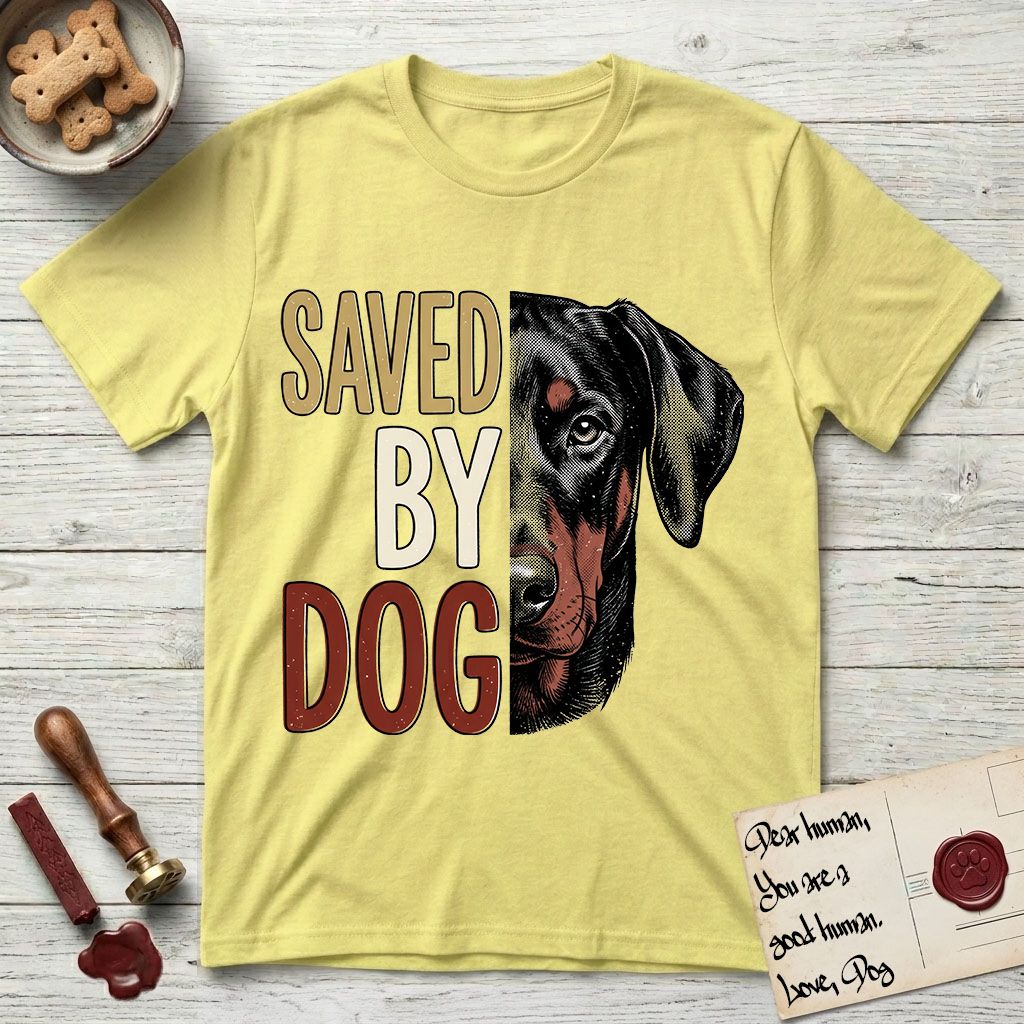 Saved by Dog Doberman T-Shirt flat lay in Cornsilk, featuring half a black-and-rust Doberman's face in distressed vintage screen print, natural uncropped ears and a steady eye, cropped down the centerline beside bold stacked block lettering.