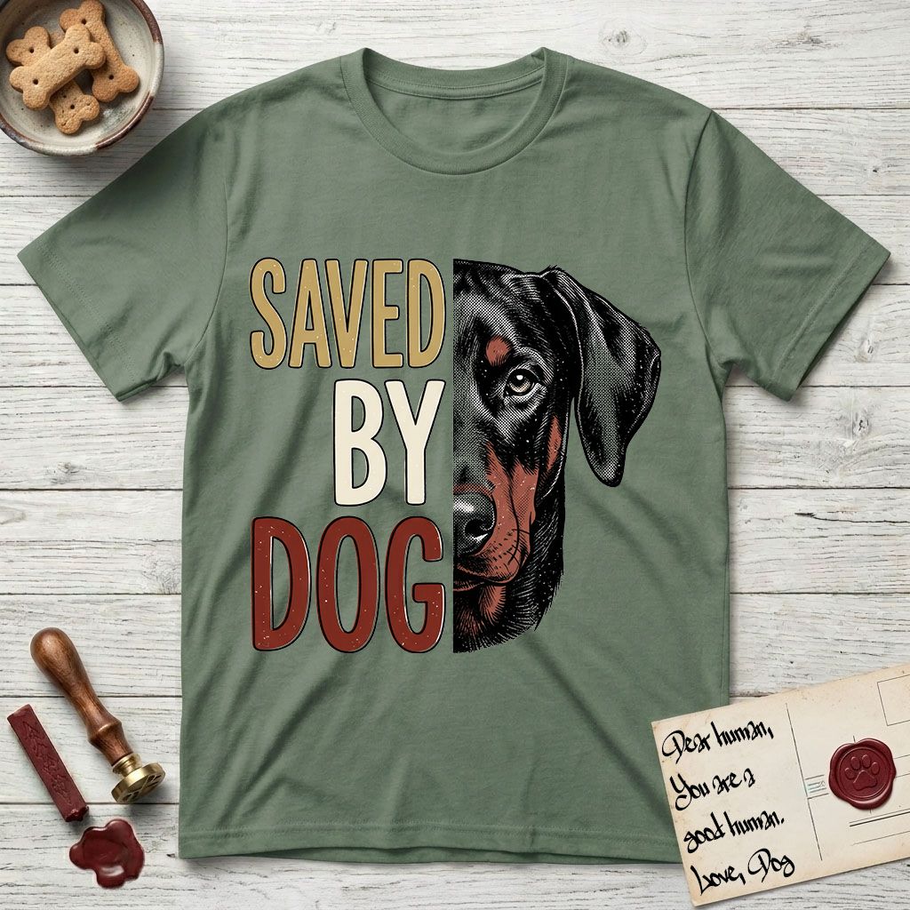 Saved by Dog Doberman T-Shirt flat lay in Military Green, featuring half a black-and-rust Doberman's face in distressed vintage screen print, natural uncropped ears and a steady eye, cropped down the centerline beside bold stacked block lettering.
