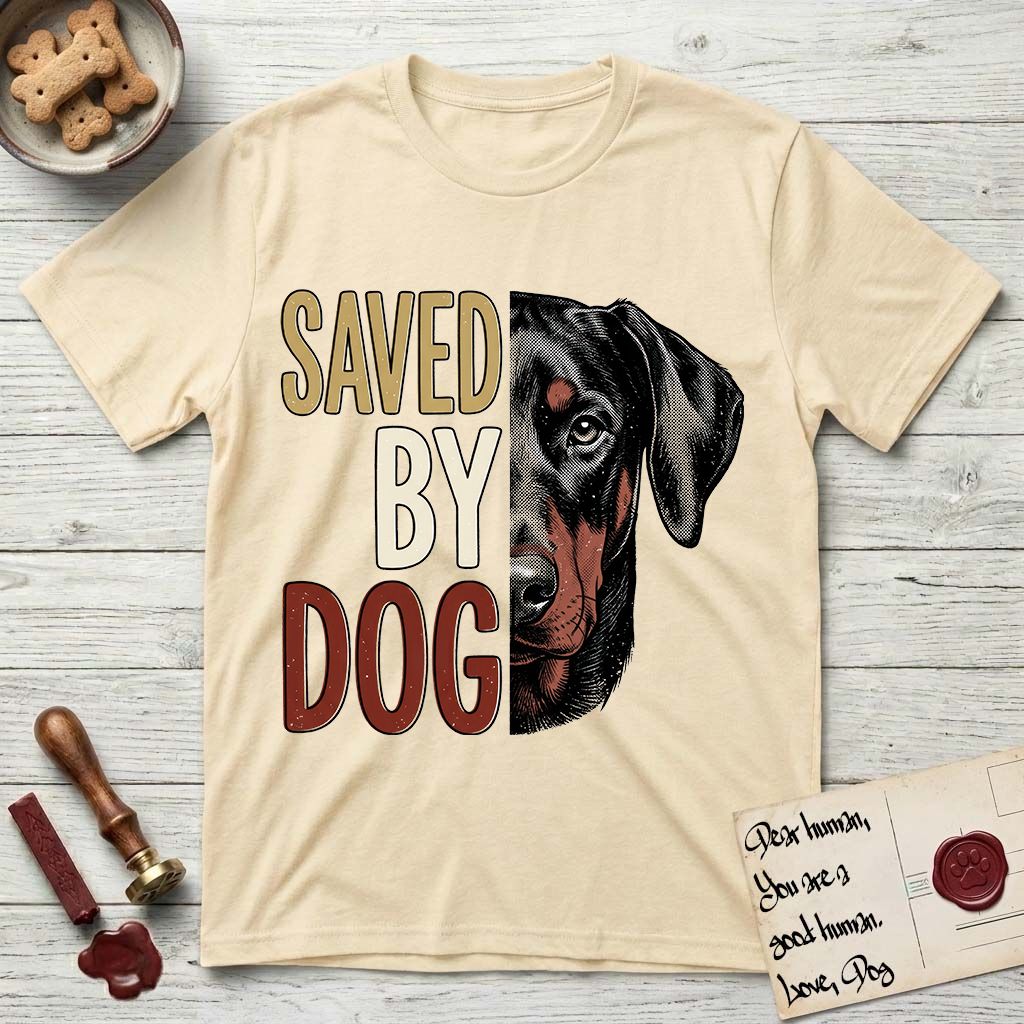 Saved by Dog Doberman T-Shirt flat lay in Natural, featuring half a black-and-rust Doberman's face in distressed vintage screen print, natural uncropped ears and a steady eye, cropped down the centerline beside bold stacked block lettering.