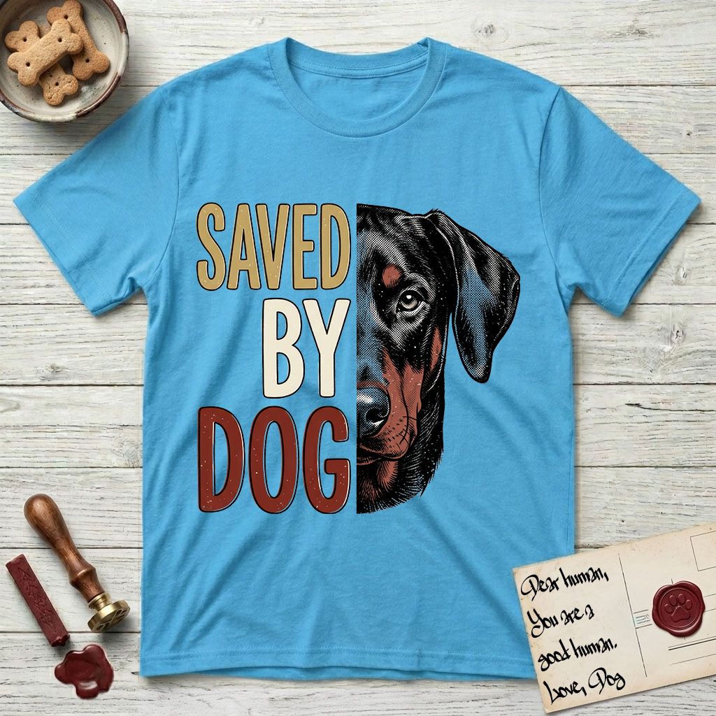 Saved by Dog Doberman T-Shirt flat lay in Sky, featuring half a black-and-rust Doberman's face in distressed vintage screen print, natural uncropped ears and a steady eye, cropped down the centerline beside bold stacked block lettering.