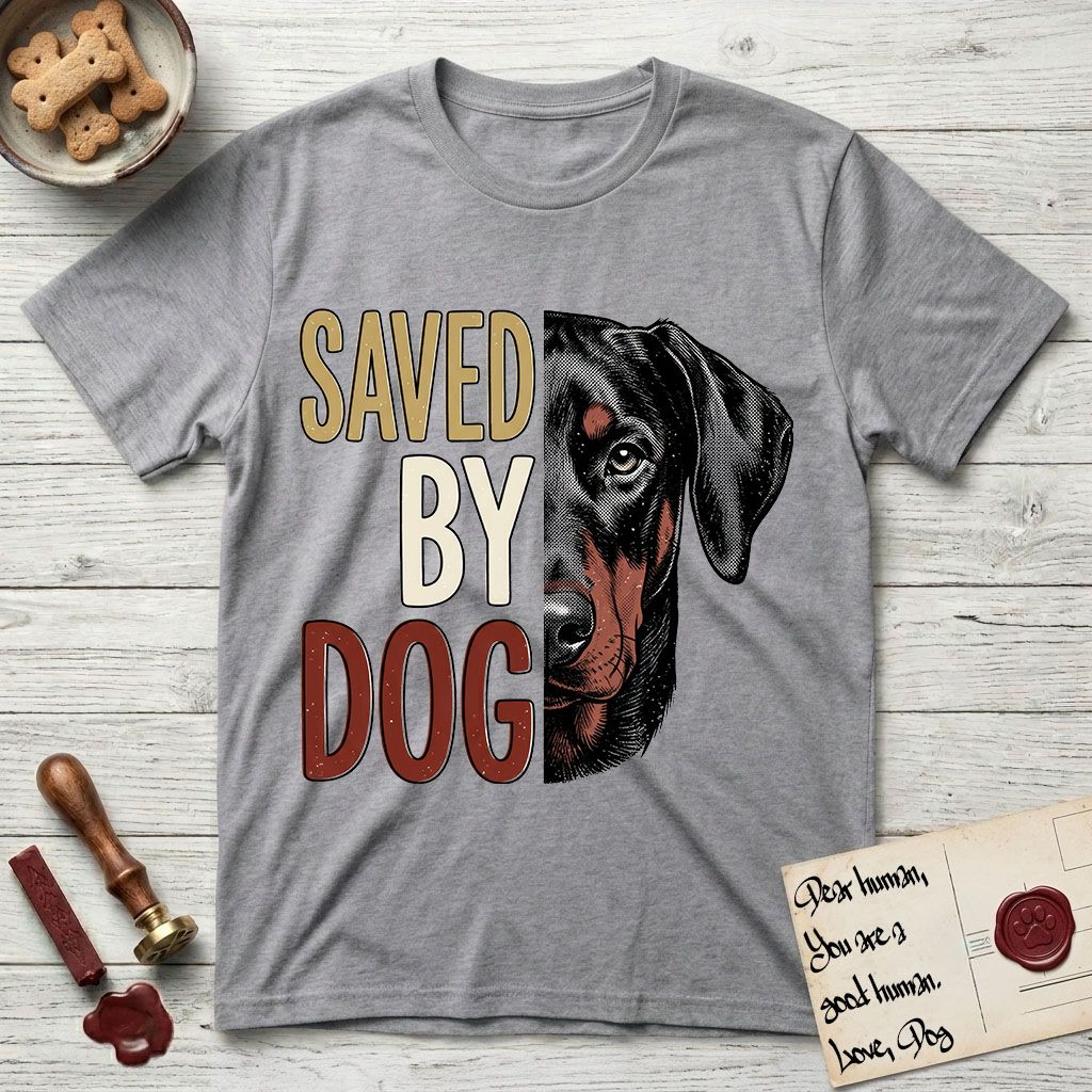 Saved by Dog Doberman T-Shirt flat lay in Sport Grey, featuring half a black-and-rust Doberman's face in distressed vintage screen print, natural uncropped ears and a steady eye, cropped down the centerline beside bold stacked block lettering.
