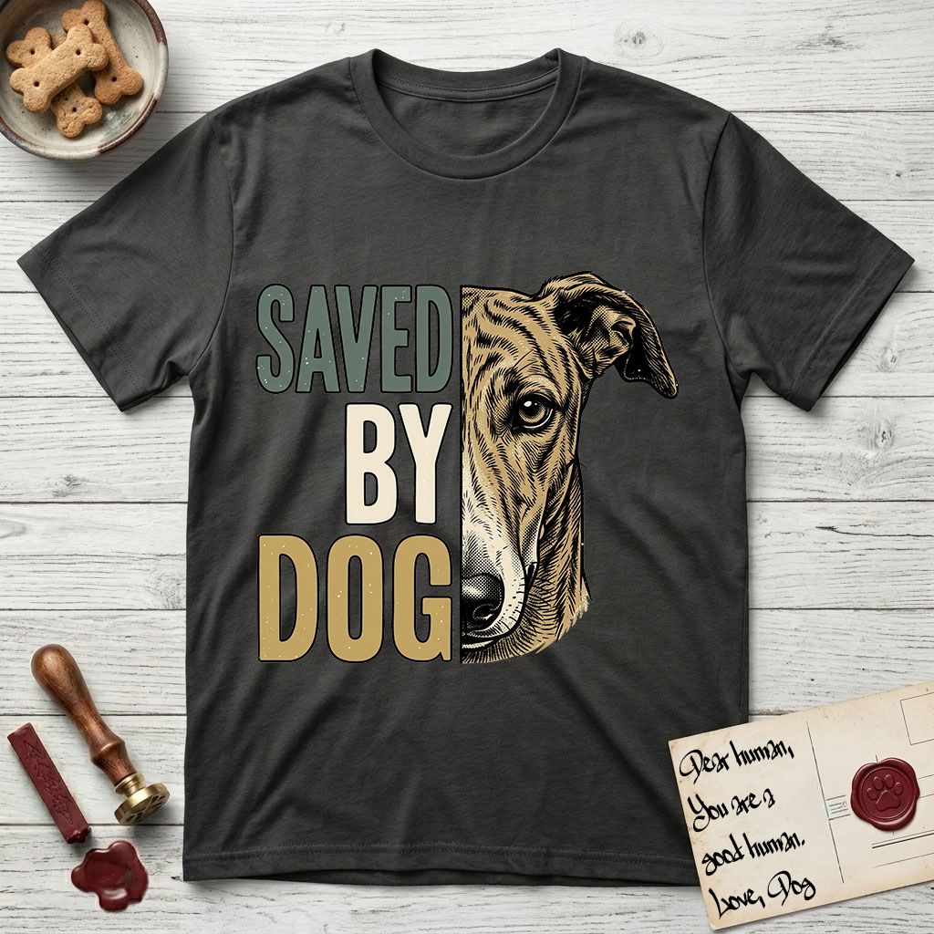 Saved by Dog Galgo T-Shirt flat lay in Charcoal, featuring half a brindle Galgo's face in distressed vintage screen print, a folded rose ear and a gentle eye, cropped down the centerline beside bold stacked block lettering.
