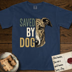 Saved by Dog Galgo T-Shirt flat lay in True Navy, featuring half a brindle Galgo's face in distressed vintage screen print, a folded rose ear and a gentle eye, cropped down the centerline beside bold stacked block lettering.