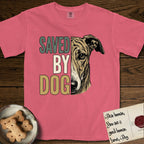 Saved by Dog Galgo T-Shirt flat lay in Watermelon, featuring half a brindle Galgo's face in distressed vintage screen print, a folded rose ear and a gentle eye, cropped down the centerline beside bold stacked block lettering.
