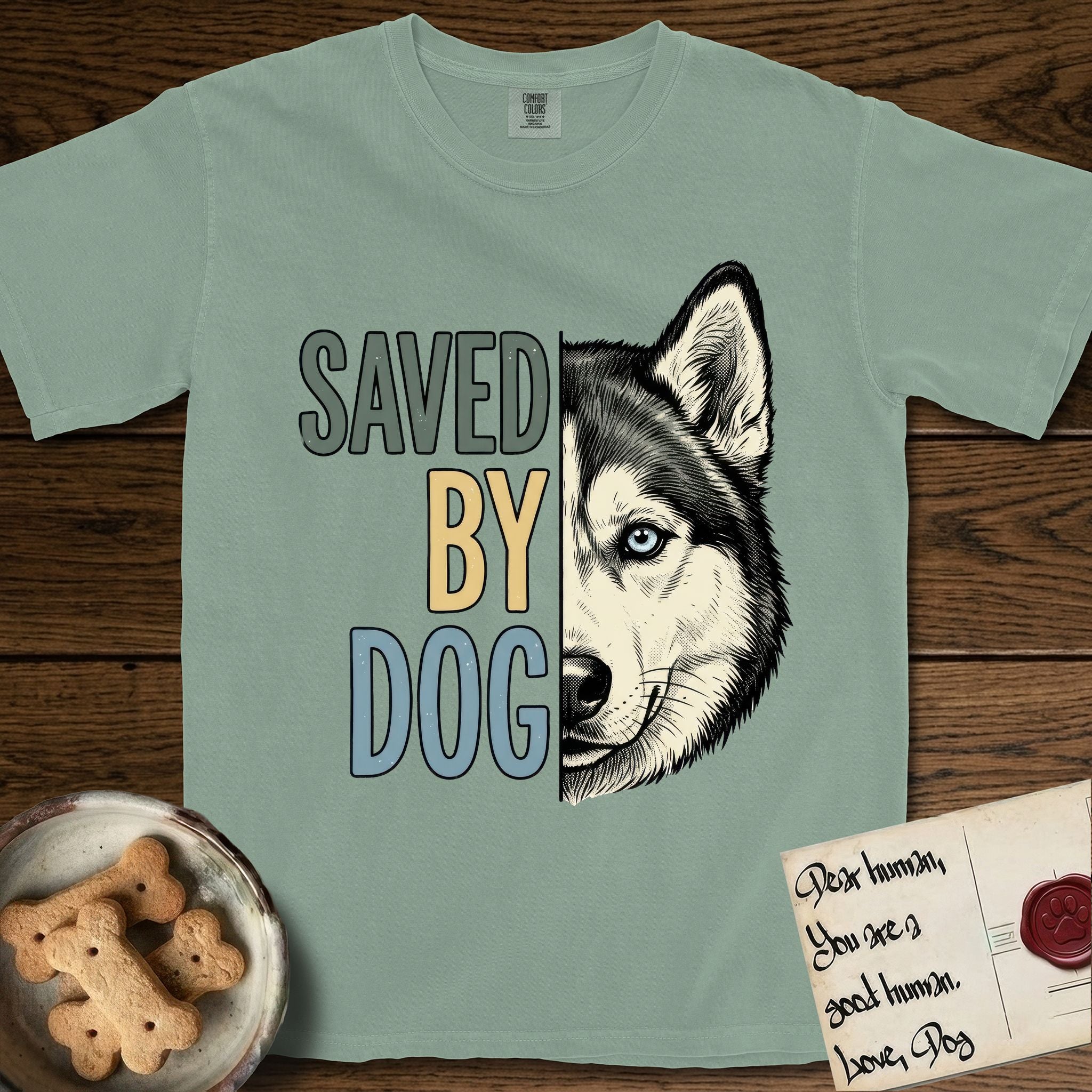 Saved by Dog Husky T-Shirt flat lay in Bay, featuring half a black-and-white Husky's face in distressed vintage screen print, one pale ice-blue eye, cropped down the centerline beside bold stacked block lettering.