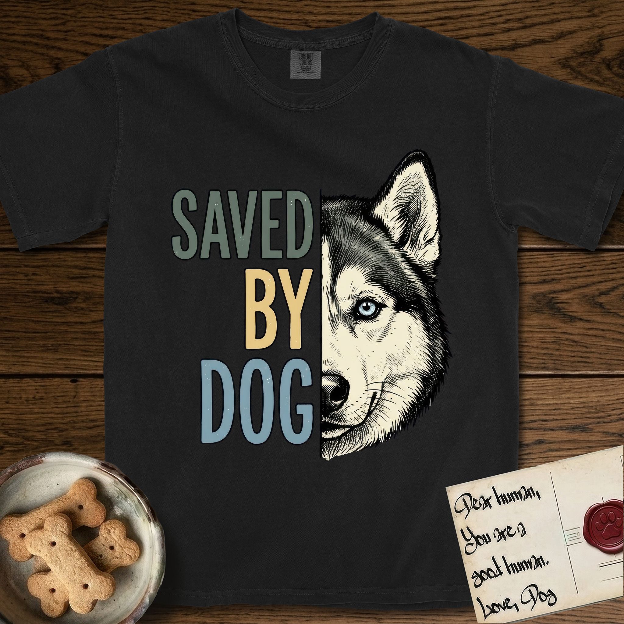 Saved by Dog Husky T-Shirt flat lay in Black, featuring half a black-and-white Husky's face in distressed vintage screen print, one pale ice-blue eye, cropped down the centerline beside bold stacked block lettering.