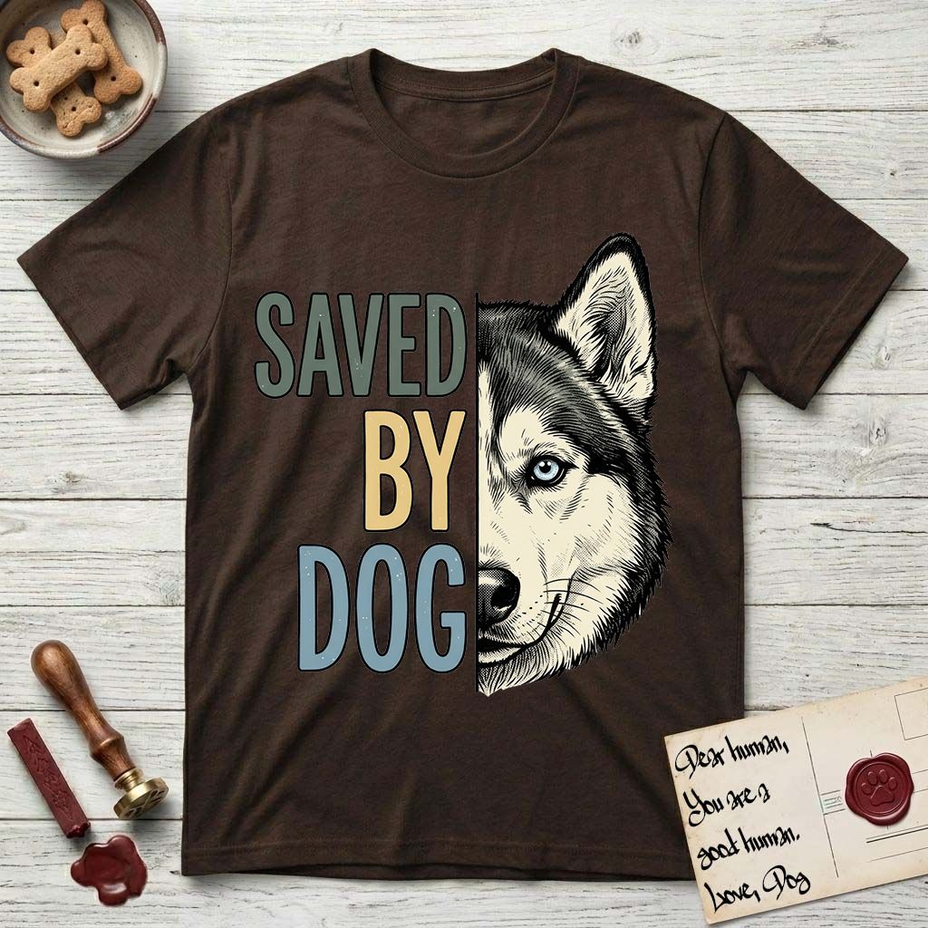 Saved by Dog Husky T-Shirt flat lay in Dark Chocolate, featuring half a black-and-white Husky's face in distressed vintage screen print, one pale ice-blue eye, cropped down the centerline beside bold stacked block lettering.