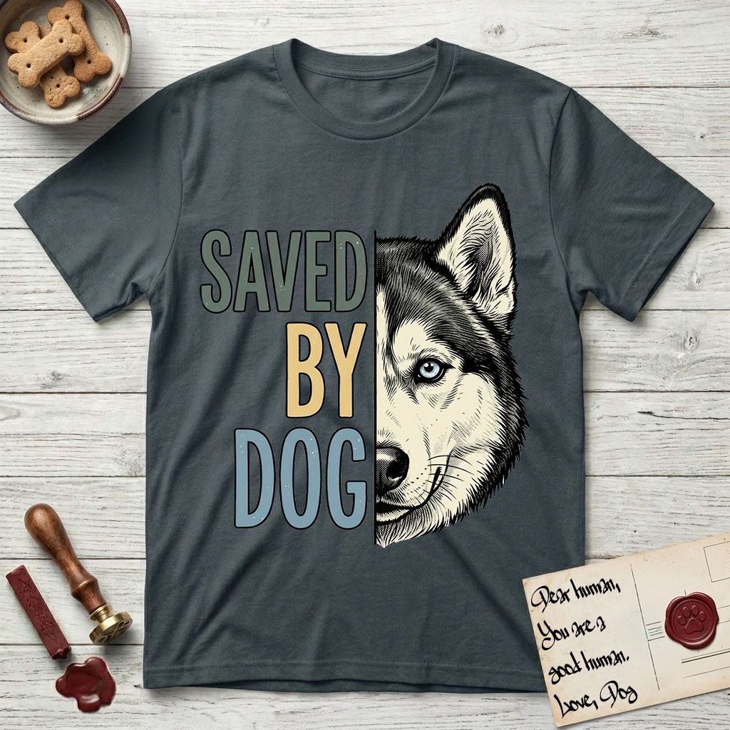 Saved by Dog Husky T-Shirt flat lay in Dark Heather Grey, featuring half a black-and-white Husky's face in distressed vintage screen print, one pale ice-blue eye, cropped down the centerline beside bold stacked block lettering.
