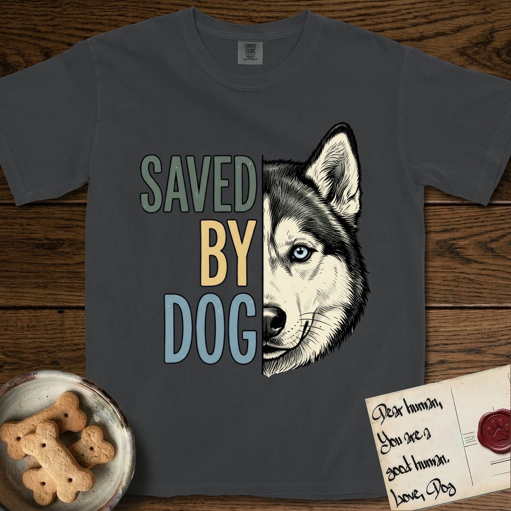 Saved by Dog Husky T-Shirt flat lay in Graphite, featuring half a black-and-white Husky's face in distressed vintage screen print, one pale ice-blue eye, cropped down the centerline beside bold stacked block lettering.