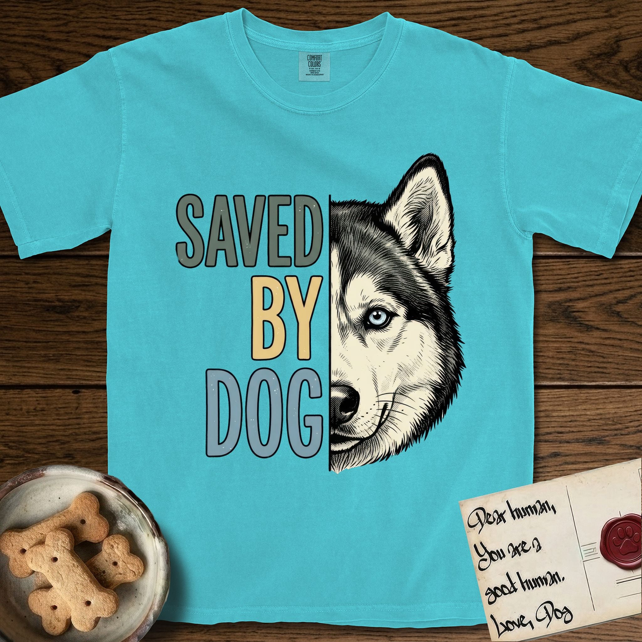 Saved by Dog Husky T-Shirt flat lay in Lagoon Blue, featuring half a black-and-white Husky's face in distressed vintage screen print, one pale ice-blue eye, cropped down the centerline beside bold stacked block lettering.