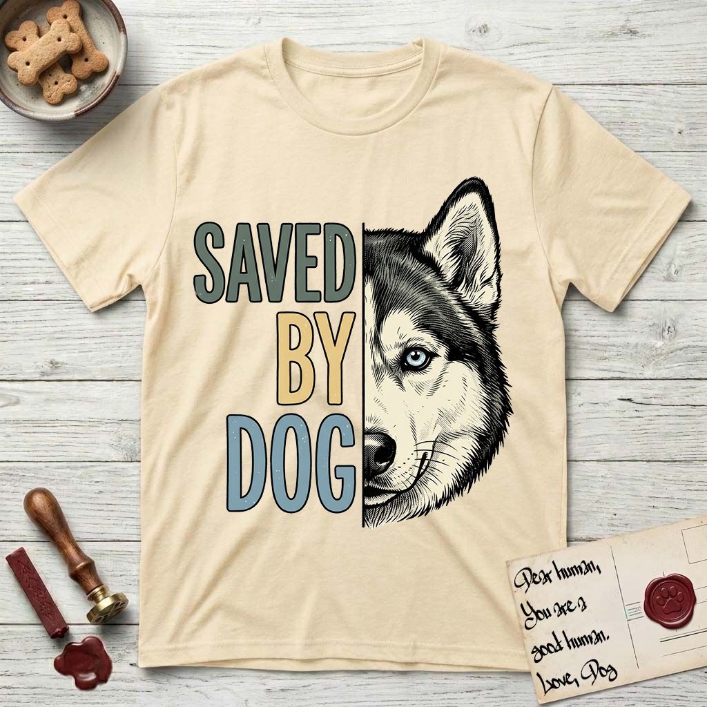 Saved by Dog Husky T-Shirt flat lay in Natural, featuring half a black-and-white Husky's face in distressed vintage screen print, one pale ice-blue eye, cropped down the centerline beside bold stacked block lettering.