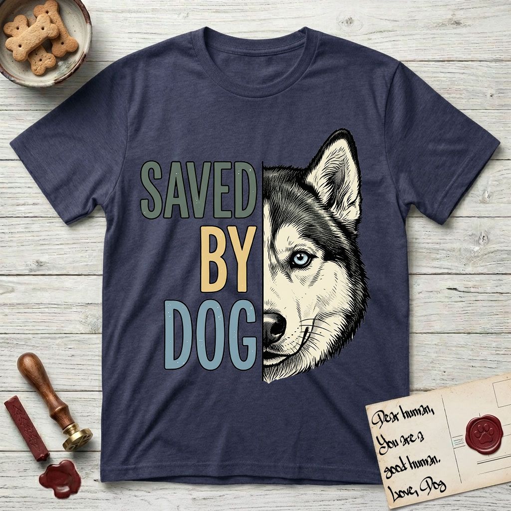 Saved by Dog Husky T-Shirt flat lay in Navy, featuring half a black-and-white Husky's face in distressed vintage screen print, one pale ice-blue eye, cropped down the centerline beside bold stacked block lettering.