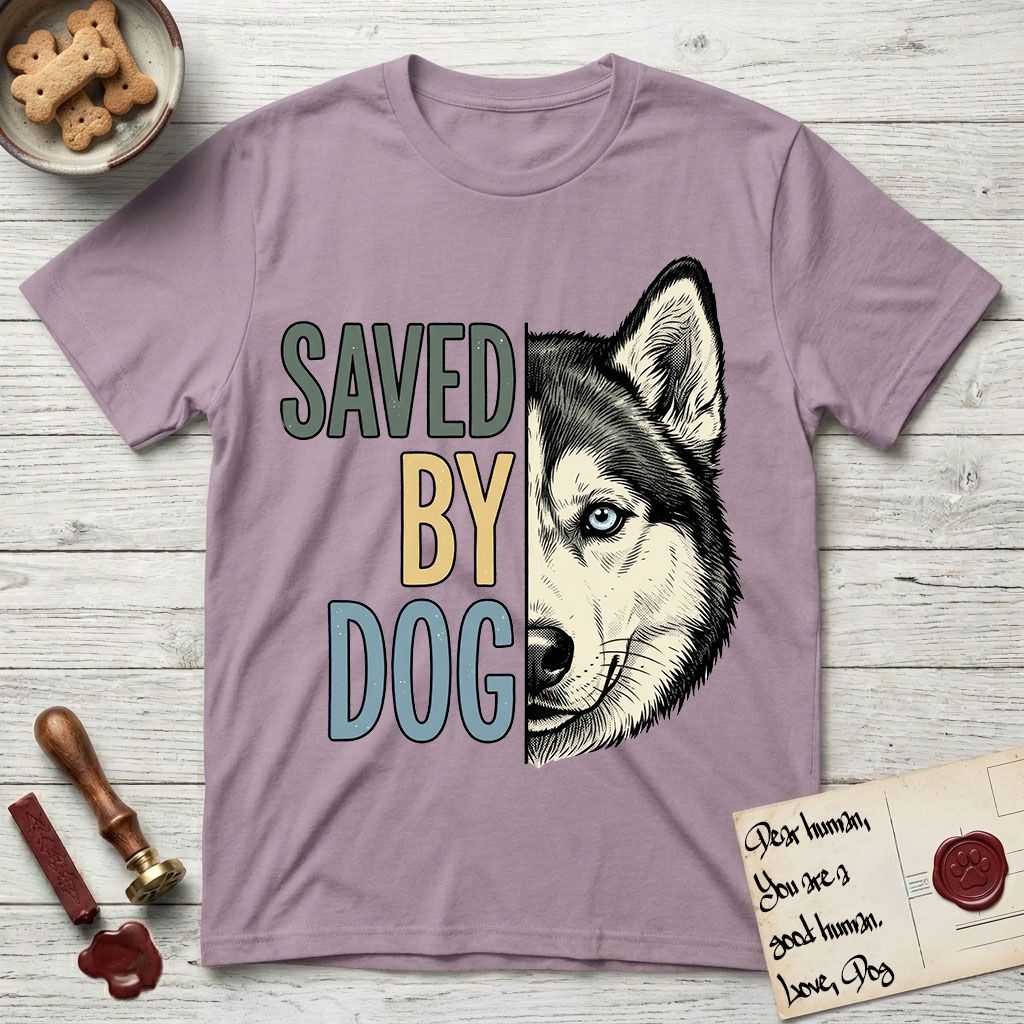 Saved by Dog Husky T-Shirt flat lay in Paragon, featuring half a black-and-white Husky's face in distressed vintage screen print, one pale ice-blue eye, cropped down the centerline beside bold stacked block lettering.