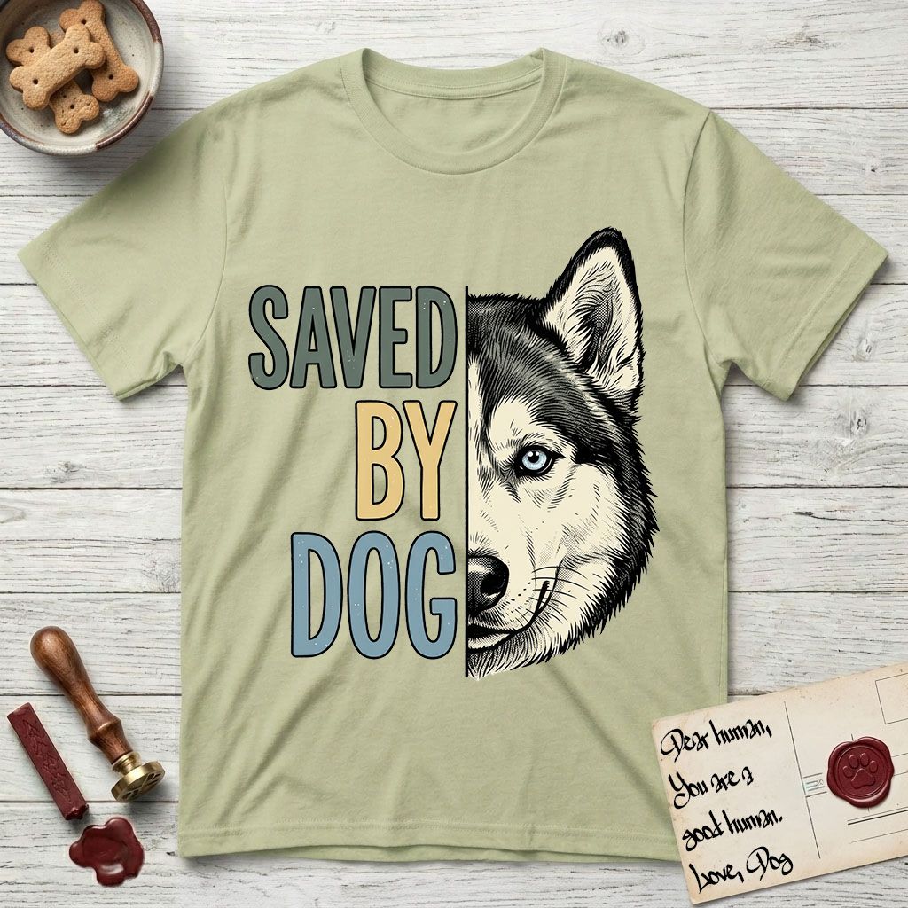 Saved by Dog Husky T-Shirt flat lay in Pistachio, featuring half a black-and-white Husky's face in distressed vintage screen print, one pale ice-blue eye, cropped down the centerline beside bold stacked block lettering.