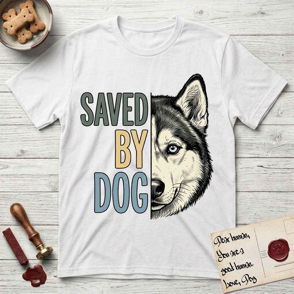 Saved by Dog Husky T-Shirt flat lay in White, featuring half a black-and-white Husky's face in distressed vintage screen print, one pale ice-blue eye, cropped down the centerline beside bold stacked block lettering.
