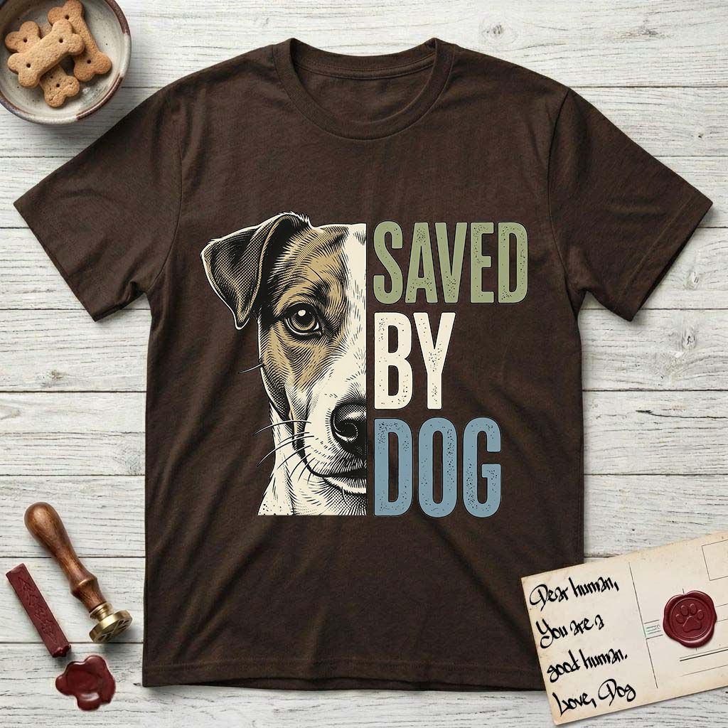 Saved by Dog Jack Russell T-Shirt flat lay in Dark Chocolate, featuring half a tan-and-white Jack Russell's face in distressed vintage screen print, a folded ear with a dark patch and forward whiskers, cropped down the centerline beside bold stacked block lettering.