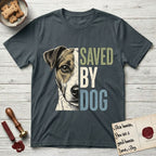 Saved by Dog Jack Russell T-Shirt flat lay in Dark Heather Grey, featuring half a tan-and-white Jack Russell's face in distressed vintage screen print, a folded ear with a dark patch and forward whiskers, cropped down the centerline beside bold stacked block lettering.