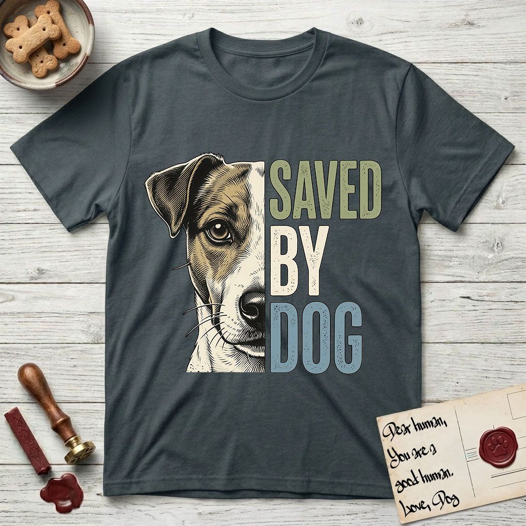 Saved by Dog Jack Russell T-Shirt flat lay in Dark Heather Grey, featuring half a tan-and-white Jack Russell's face in distressed vintage screen print, a folded ear with a dark patch and forward whiskers, cropped down the centerline beside bold stacked block lettering.