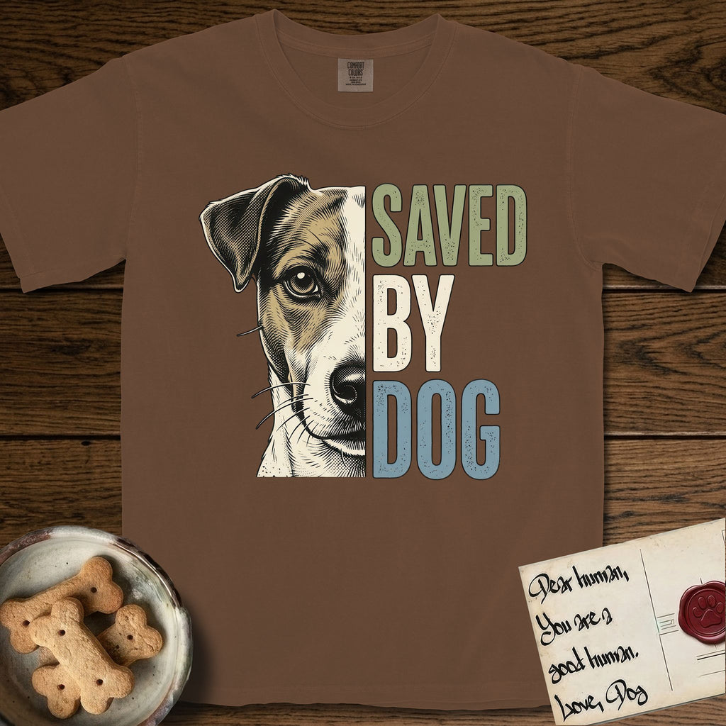 Saved by Dog Jack Russell T-Shirt flat lay in Espresso, featuring half a tan-and-white Jack Russell's face in distressed vintage screen print, a folded ear with a dark patch and forward whiskers, cropped down the centerline beside bold stacked block lettering.