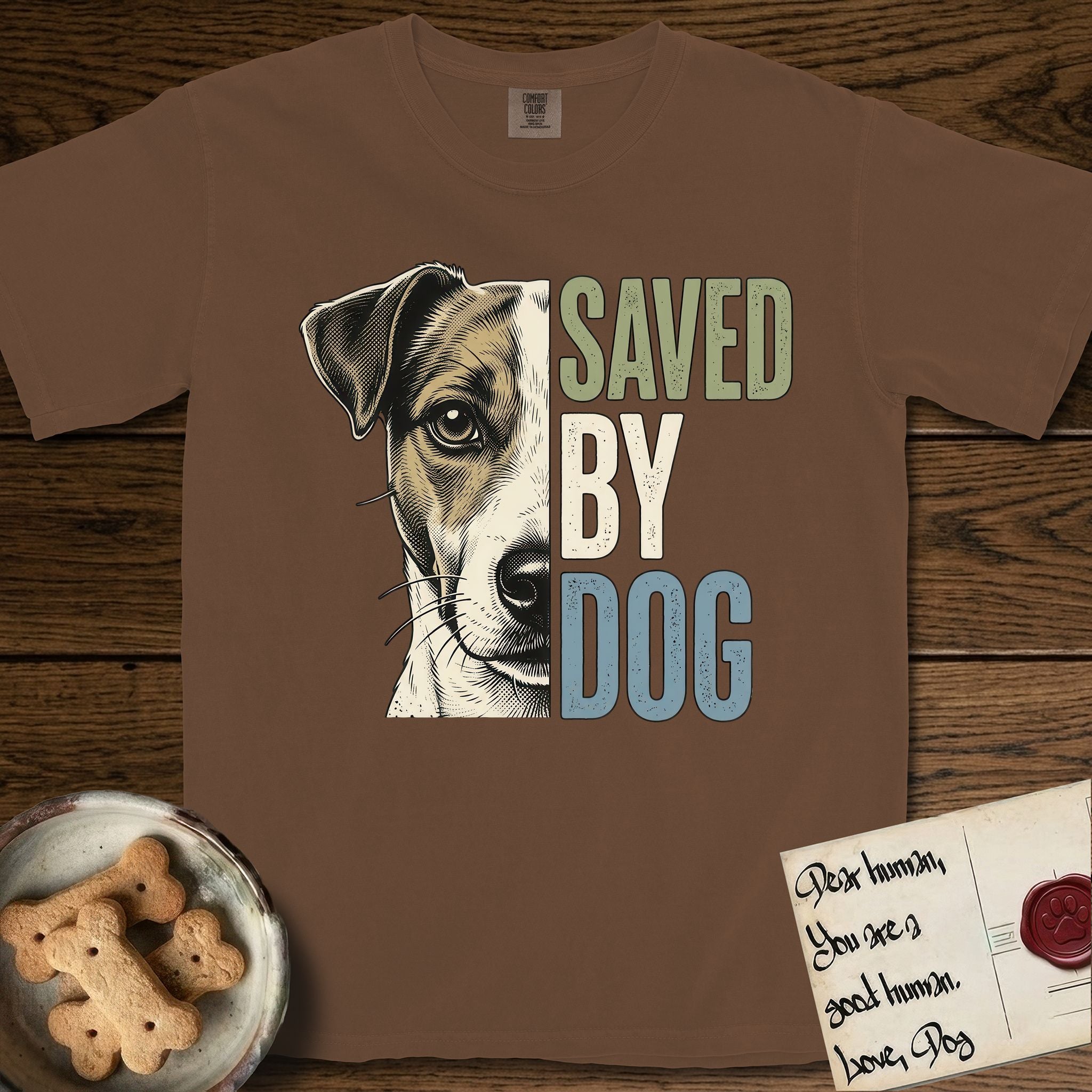 Saved by Dog Jack Russell T-Shirt flat lay in Espresso, featuring half a tan-and-white Jack Russell's face in distressed vintage screen print, a folded ear with a dark patch and forward whiskers, cropped down the centerline beside bold stacked block lettering.