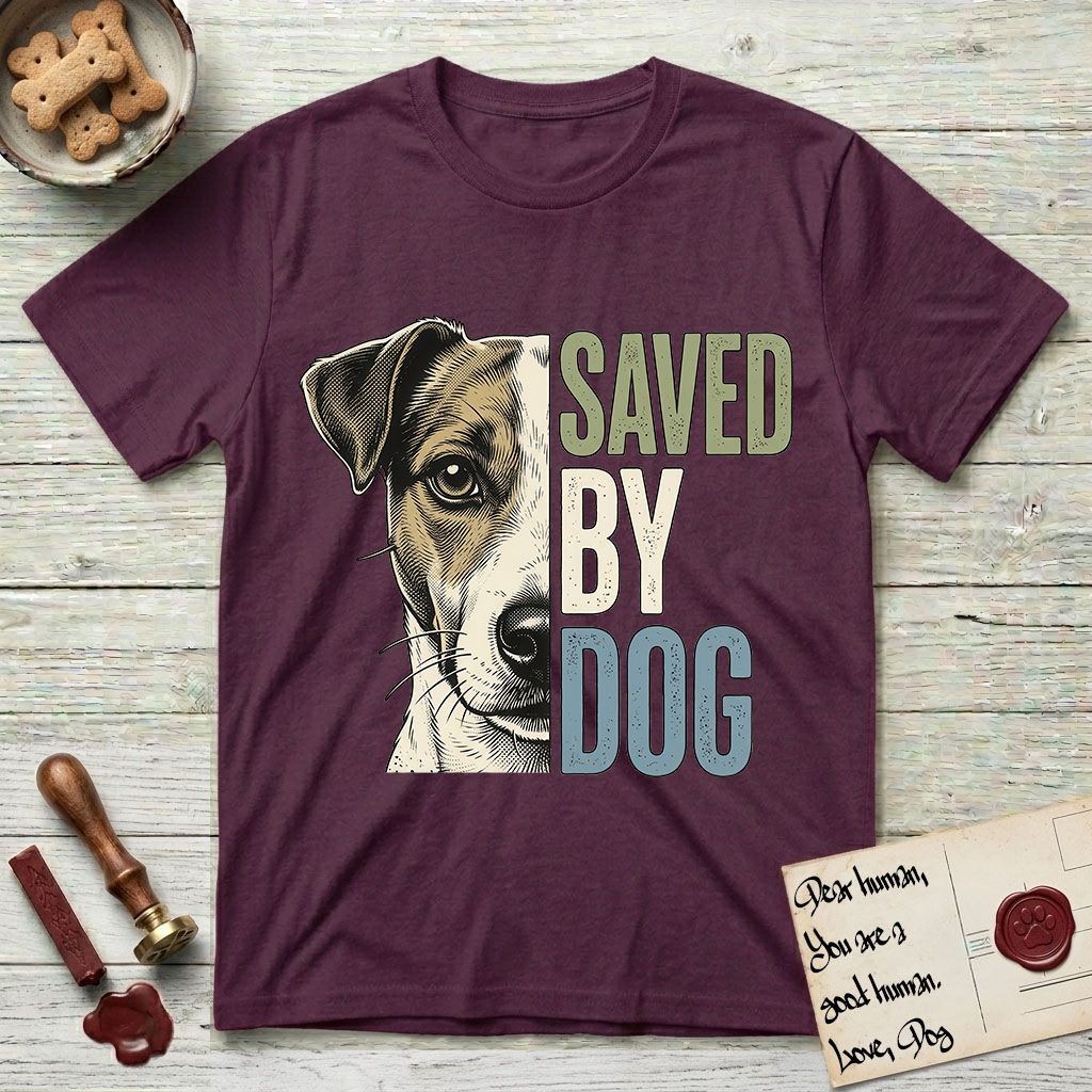 Saved by Dog Jack Russell T-Shirt flat lay in Maroon, featuring half a tan-and-white Jack Russell's face in distressed vintage screen print, a folded ear with a dark patch and forward whiskers, cropped down the centerline beside bold stacked block lettering.