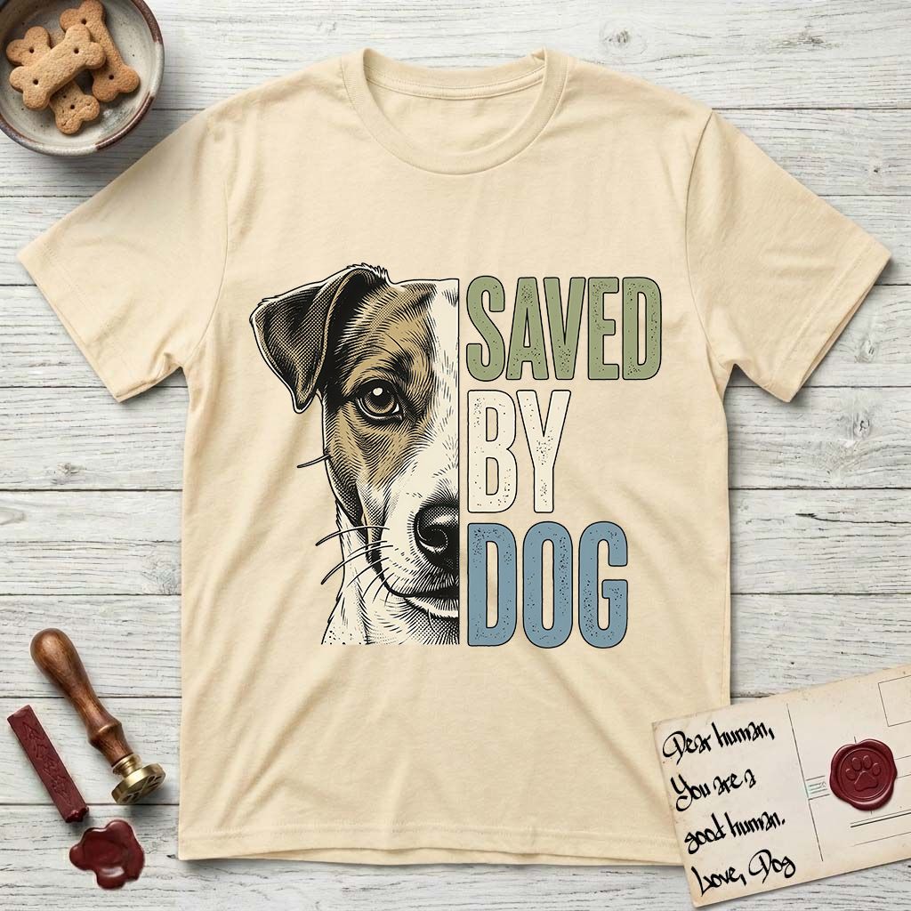 Saved by Dog Jack Russell T-Shirt flat lay in Natural, featuring half a tan-and-white Jack Russell's face in distressed vintage screen print, a folded ear with a dark patch and forward whiskers, cropped down the centerline beside bold stacked block lettering.