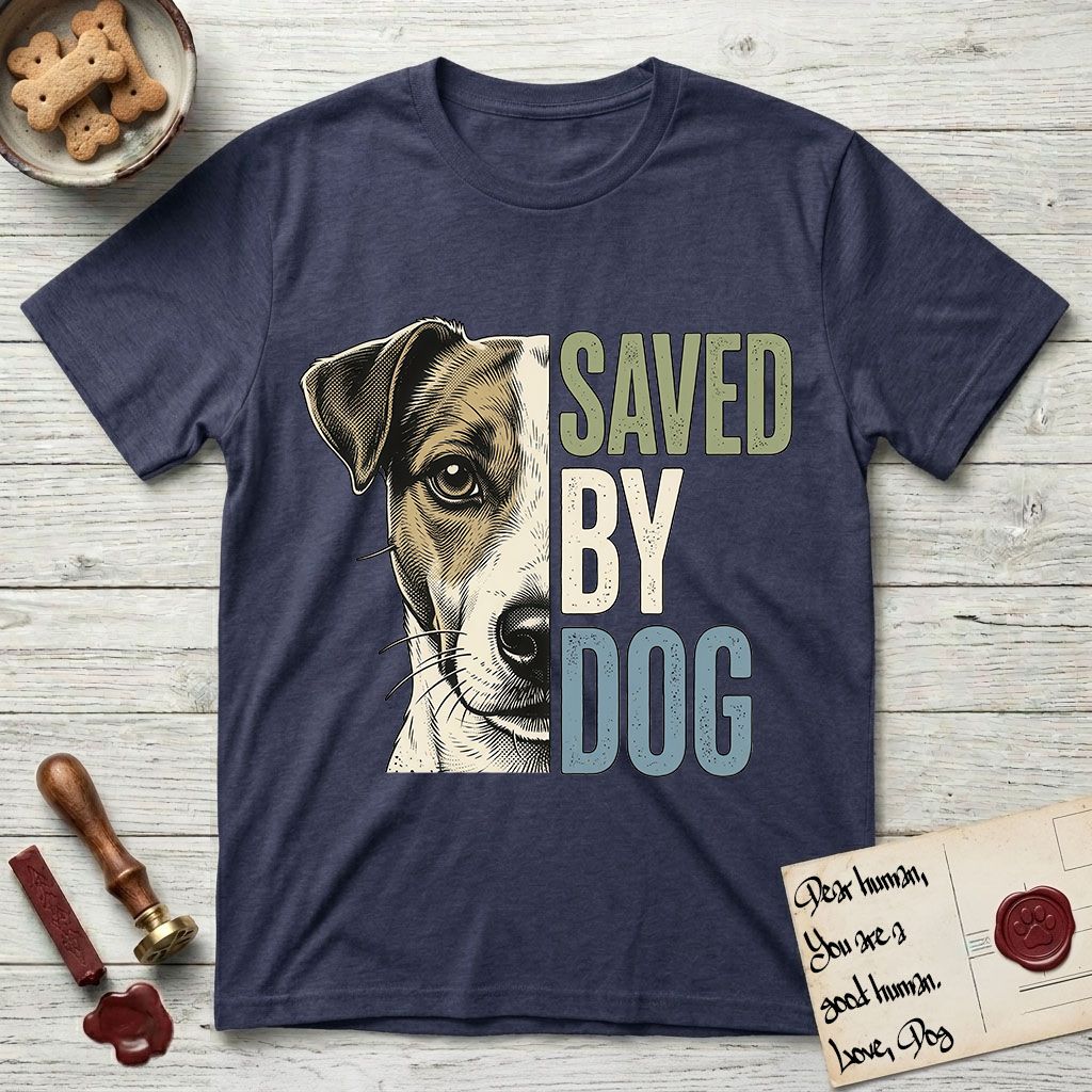 Saved by Dog Jack Russell T-Shirt flat lay in Navy, featuring half a tan-and-white Jack Russell's face in distressed vintage screen print, a folded ear with a dark patch and forward whiskers, cropped down the centerline beside bold stacked block lettering.