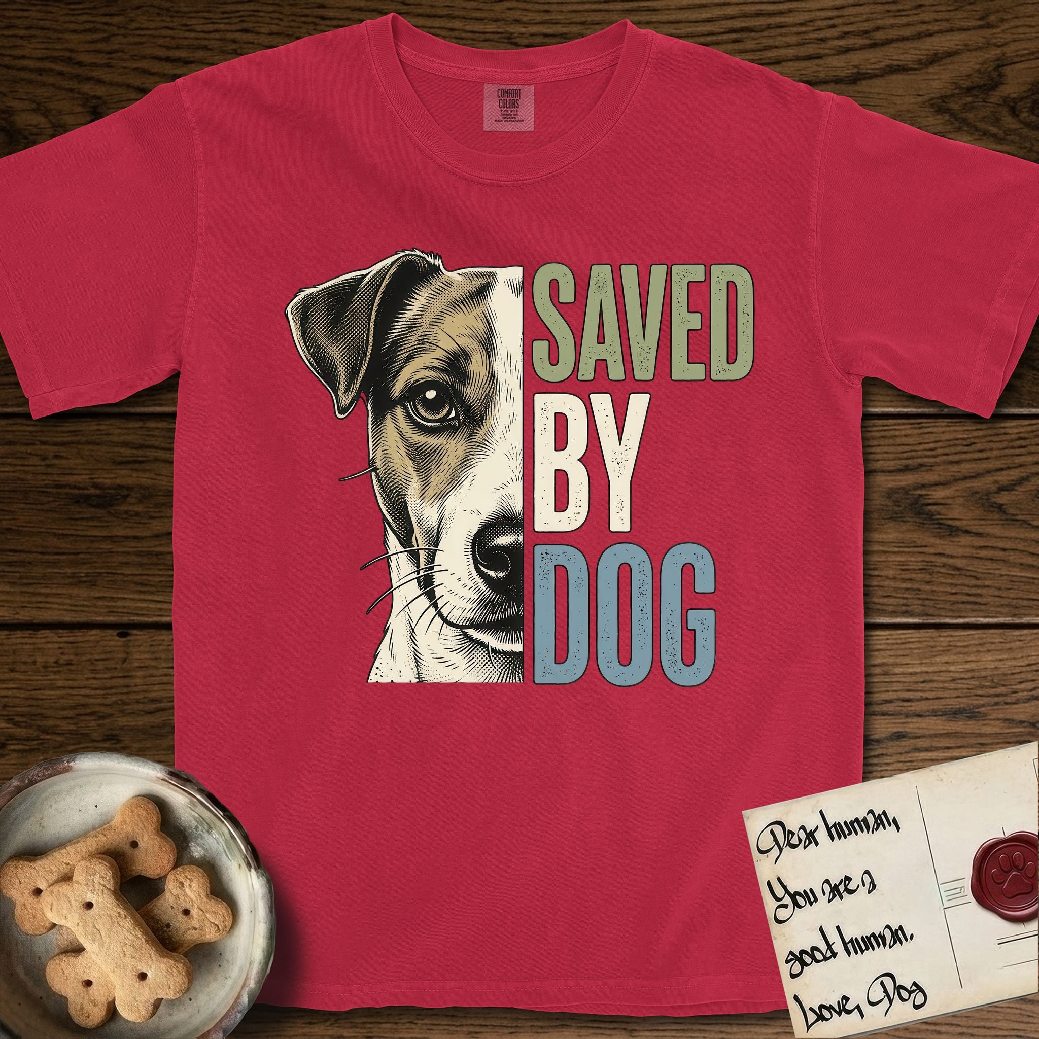 Saved by Dog Jack Russell T-Shirt flat lay in Red, featuring half a tan-and-white Jack Russell's face in distressed vintage screen print, a folded ear with a dark patch and forward whiskers, cropped down the centerline beside bold stacked block lettering.
