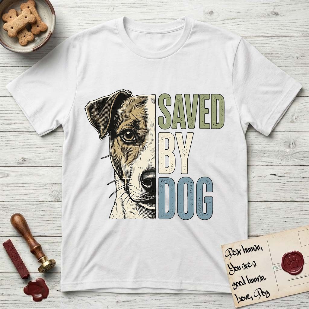 Saved by Dog Jack Russell T-Shirt flat lay in White, featuring half a tan-and-white Jack Russell's face in distressed vintage screen print, a folded ear with a dark patch and forward whiskers, cropped down the centerline beside bold stacked block lettering.