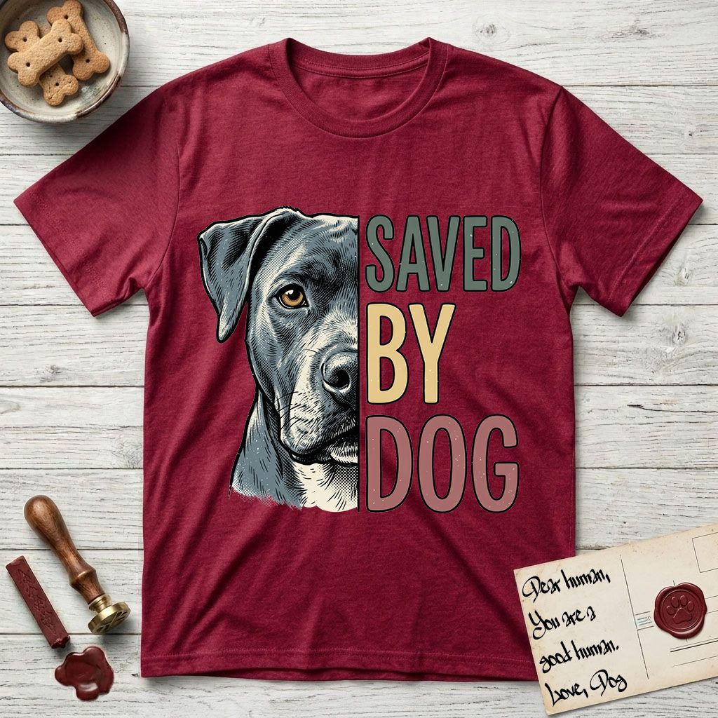Saved by Dog Pitbull T-Shirt flat lay in Antique Cherry Red, featuring half a blue-grey Pitbull's face in distressed vintage screen print, one warm amber eye, cropped down the centerline beside bold stacked block lettering.