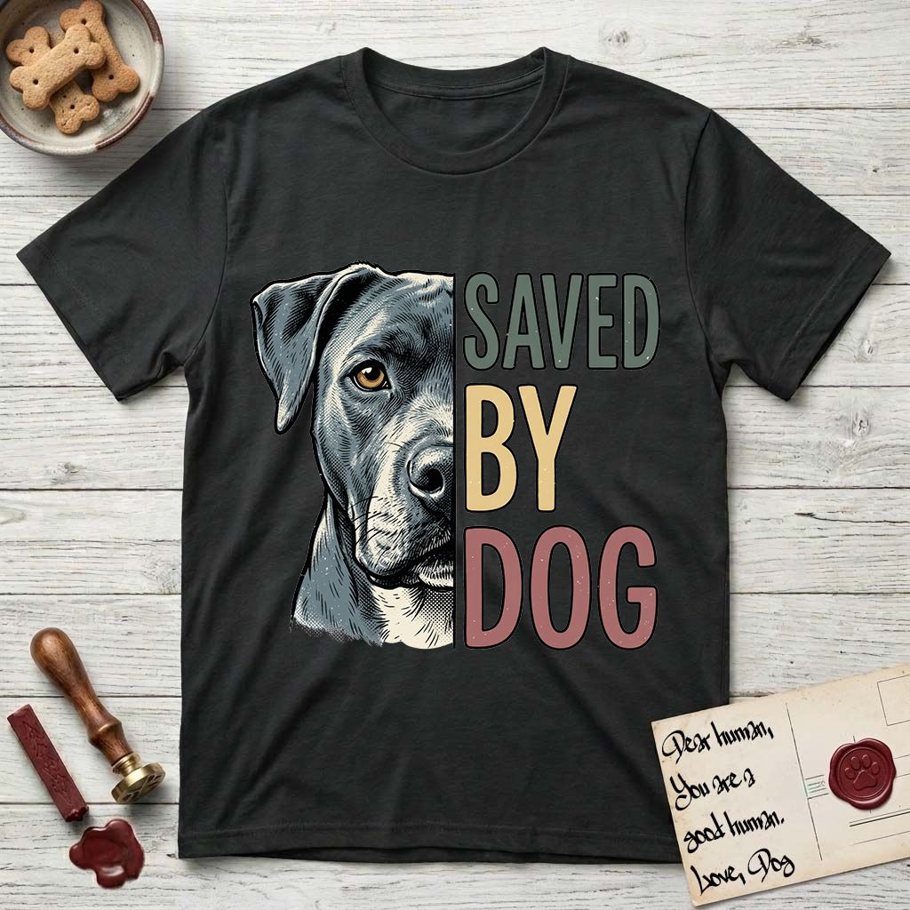 Saved by Dog Pitbull T-Shirt flat lay in Black, featuring half a blue-grey Pitbull's face in distressed vintage screen print, one warm amber eye, cropped down the centerline beside bold stacked block lettering.