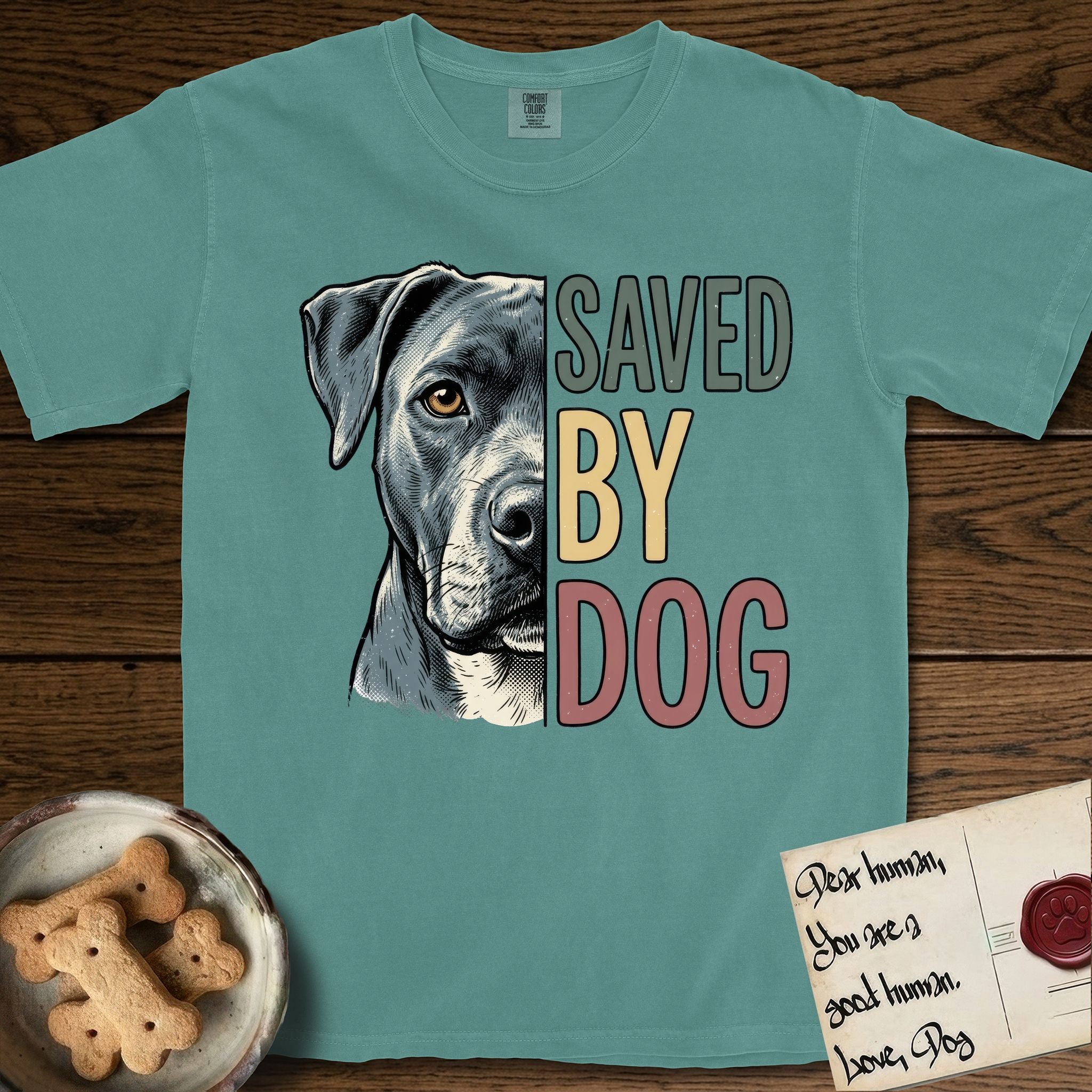 Saved by Dog Pitbull T-Shirt flat lay in Blue Spruce, featuring half a blue-grey Pitbull's face in distressed vintage screen print, one warm amber eye, cropped down the centerline beside bold stacked block lettering.