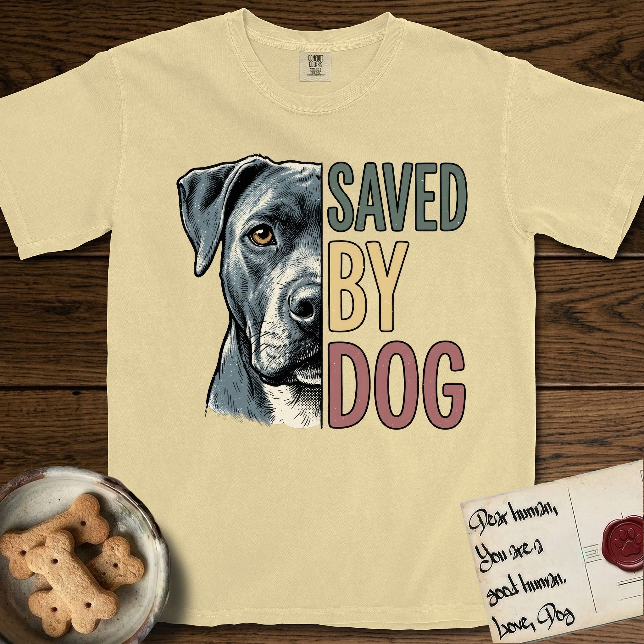 Saved by Dog Pitbull T-Shirt flat lay in Butter, featuring half a blue-grey Pitbull's face in distressed vintage screen print, one warm amber eye, cropped down the centerline beside bold stacked block lettering.