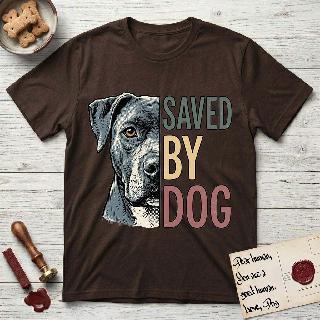Saved by Dog Pitbull T-Shirt flat lay in Dark Chocolate, featuring half a blue-grey Pitbull's face in distressed vintage screen print, one warm amber eye, cropped down the centerline beside bold stacked block lettering.
