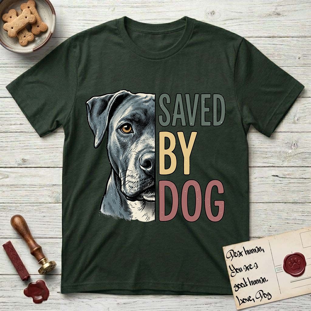 Saved by Dog Pitbull T-Shirt flat lay in Forest Green, featuring half a blue-grey Pitbull's face in distressed vintage screen print, one warm amber eye, cropped down the centerline beside bold stacked block lettering.