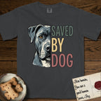 Saved by Dog Pitbull T-Shirt flat lay in Graphite, featuring half a blue-grey Pitbull's face in distressed vintage screen print, one warm amber eye, cropped down the centerline beside bold stacked block lettering.