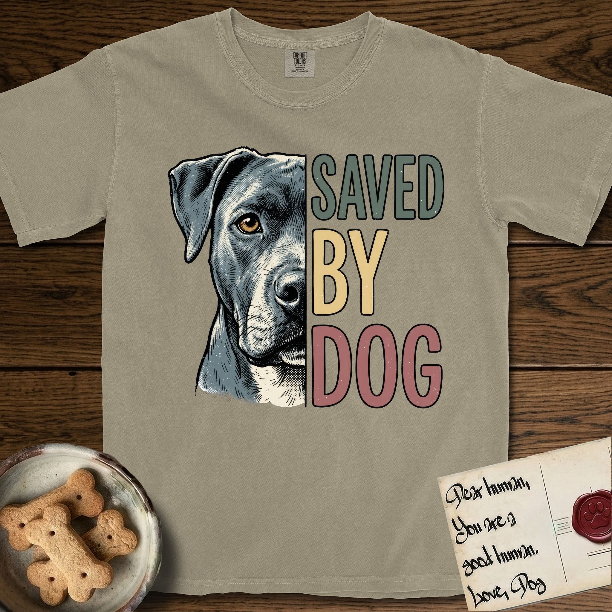 Saved by Dog Pitbull T-Shirt flat lay in Khaki, featuring half a blue-grey Pitbull's face in distressed vintage screen print, one warm amber eye, cropped down the centerline beside bold stacked block lettering.