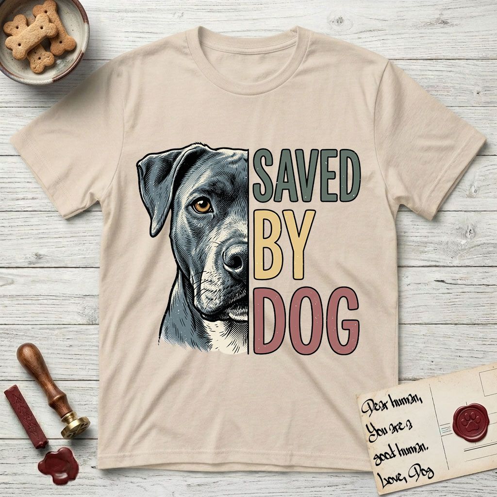 Saved by Dog Pitbull T-Shirt flat lay in Sand, featuring half a blue-grey Pitbull's face in distressed vintage screen print, one warm amber eye, cropped down the centerline beside bold stacked block lettering.
