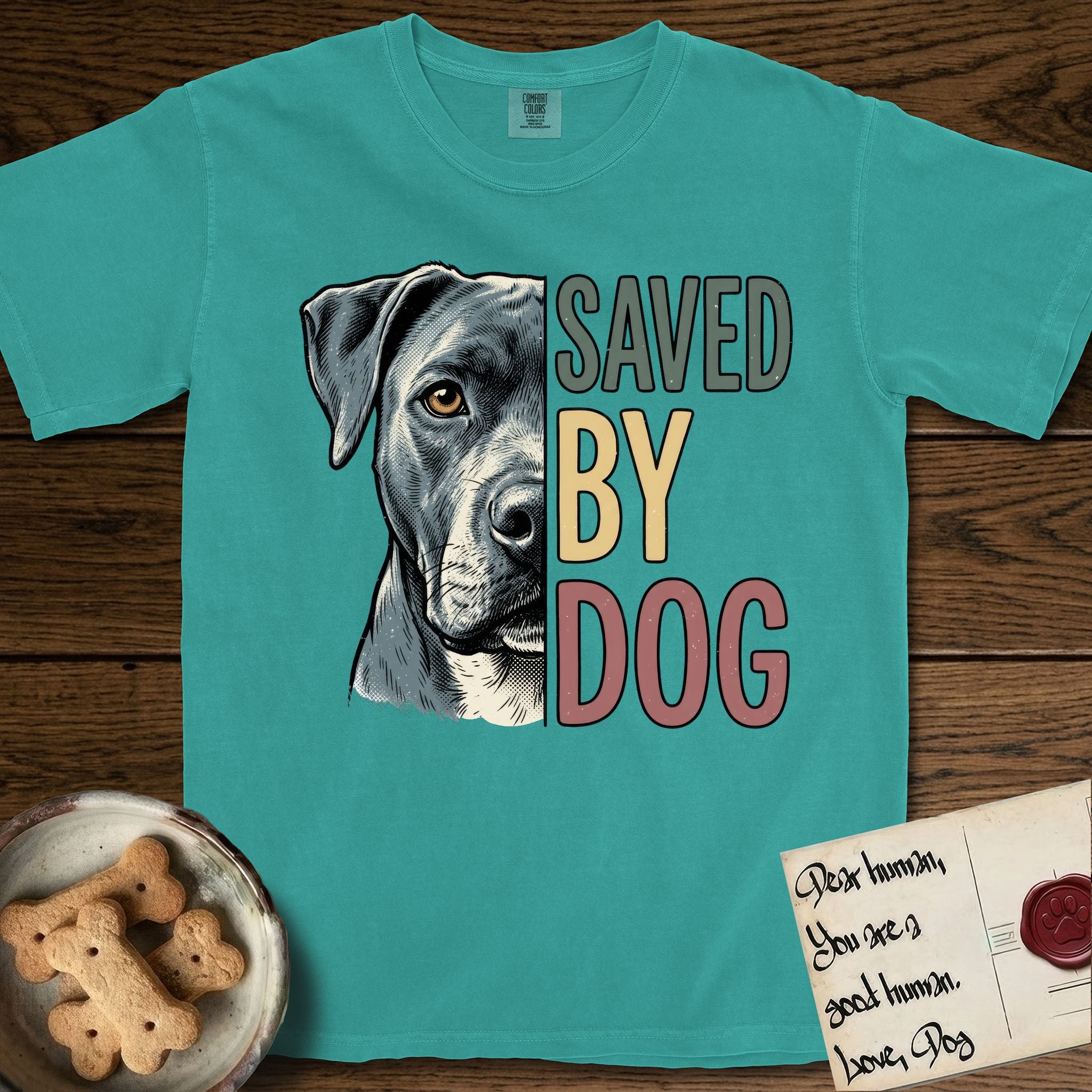 Saved by Dog Pitbull T-Shirt flat lay in Seafoam, featuring half a blue-grey Pitbull's face in distressed vintage screen print, one warm amber eye, cropped down the centerline beside bold stacked block lettering.