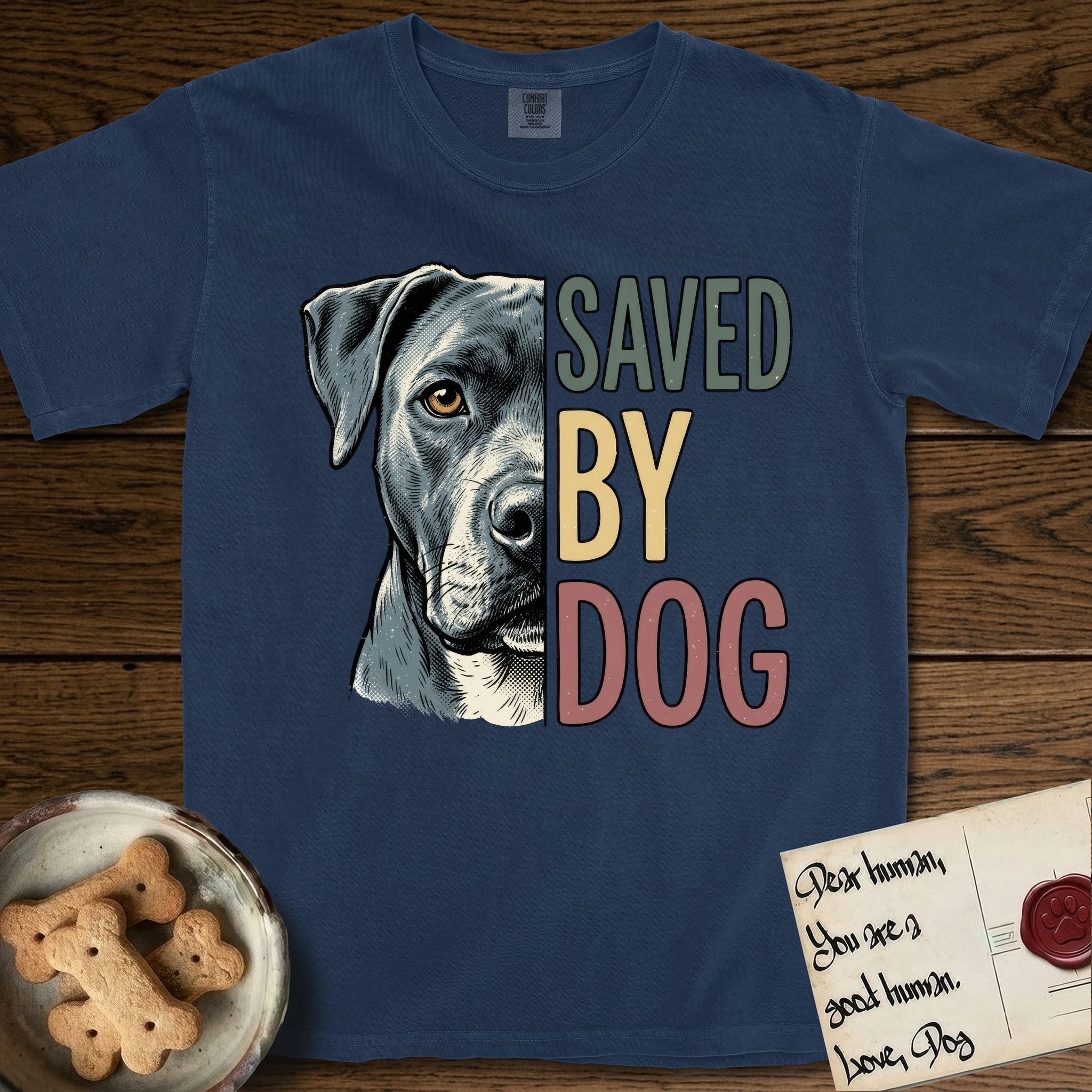 Saved by Dog Pitbull T-Shirt flat lay in True Navy, featuring half a blue-grey Pitbull's face in distressed vintage screen print, one warm amber eye, cropped down the centerline beside bold stacked block lettering.