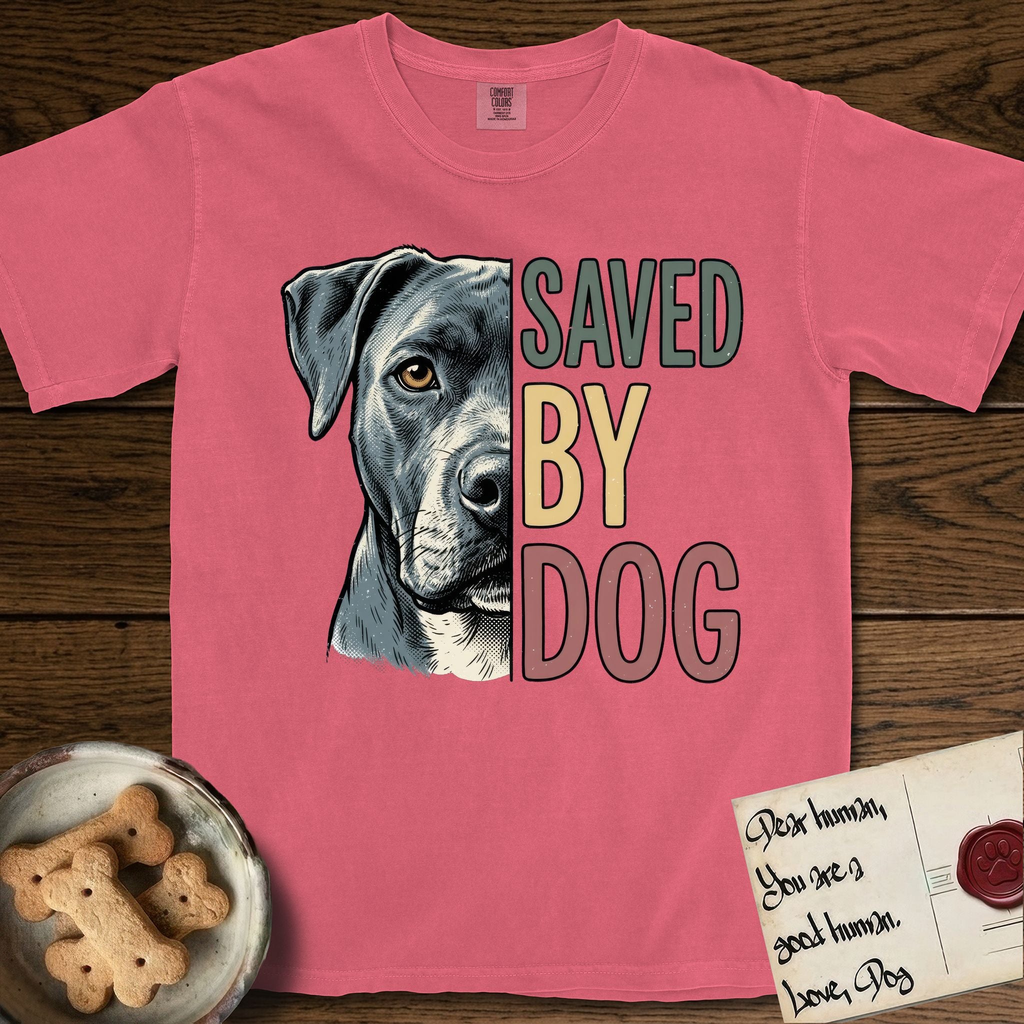 Saved by Dog Pitbull T-Shirt flat lay in Watermelon, featuring half a blue-grey Pitbull's face in distressed vintage screen print, one warm amber eye, cropped down the centerline beside bold stacked block lettering.