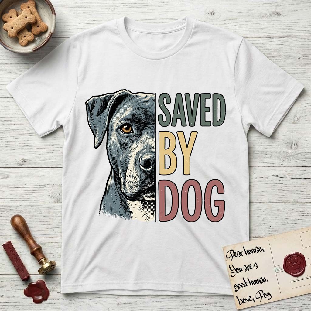 Saved by Dog Pitbull T-Shirt flat lay in White, featuring half a blue-grey Pitbull's face in distressed vintage screen print, one warm amber eye, cropped down the centerline beside bold stacked block lettering.