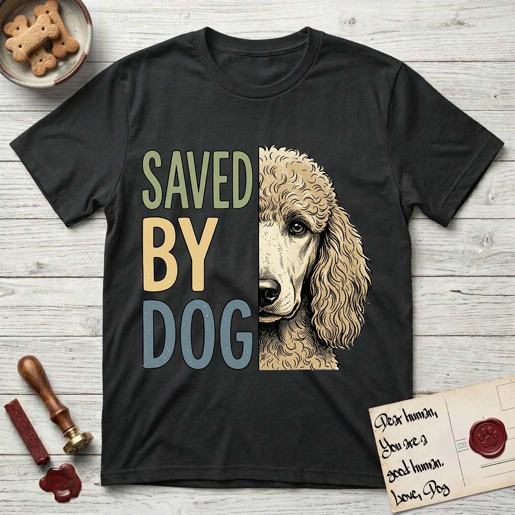 Saved by Dog Poodle T-Shirt flat lay in Black, featuring half an apricot Poodle's face in distressed vintage screen print, soft natural curls and a knowing eye, cropped down the centerline beside bold stacked block lettering.