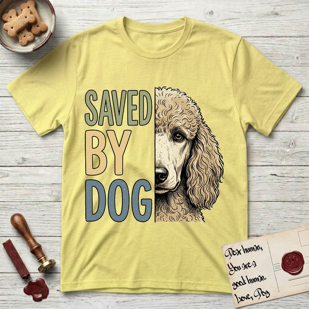 Saved by Dog Poodle T-Shirt flat lay in Cornsilk, featuring half an apricot Poodle's face in distressed vintage screen print, soft natural curls and a knowing eye, cropped down the centerline beside bold stacked block lettering.