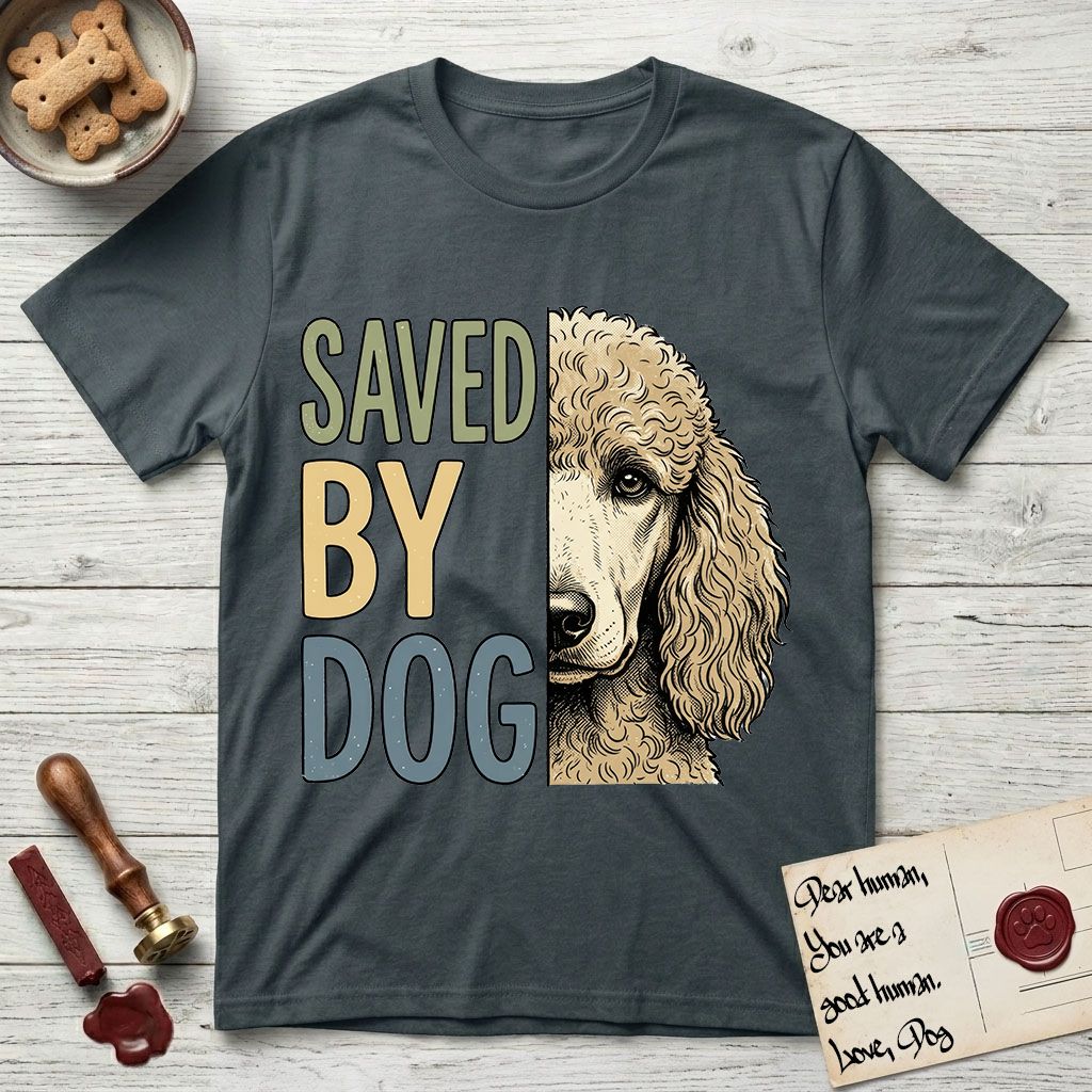 Saved by Dog Poodle T-Shirt flat lay in Dark Heather Grey, featuring half an apricot Poodle's face in distressed vintage screen print, soft natural curls and a knowing eye, cropped down the centerline beside bold stacked block lettering.